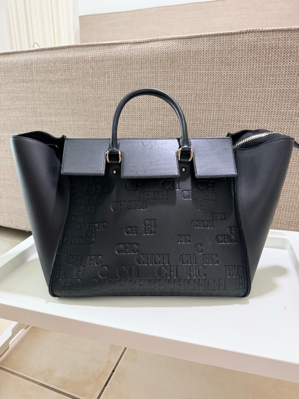 Carolina Herrera Black Embossed CH Logo Leather Tote with Gold-Tone Hardware